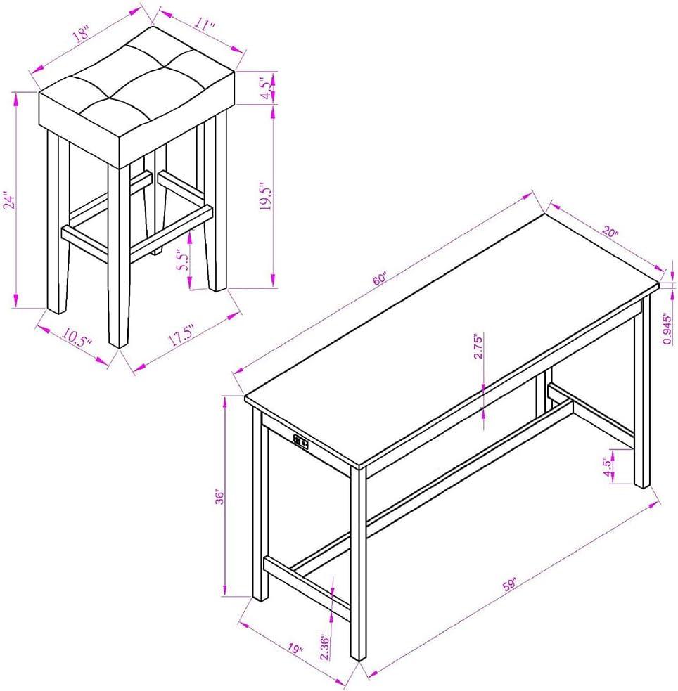 4 Piece Bar Table Set with Power Outlet,Dining Table and Chairs Set,Industrial Breakfast Table Set with 3 Padded Stools for Living Room,Dining Room,Game Room,Brown
