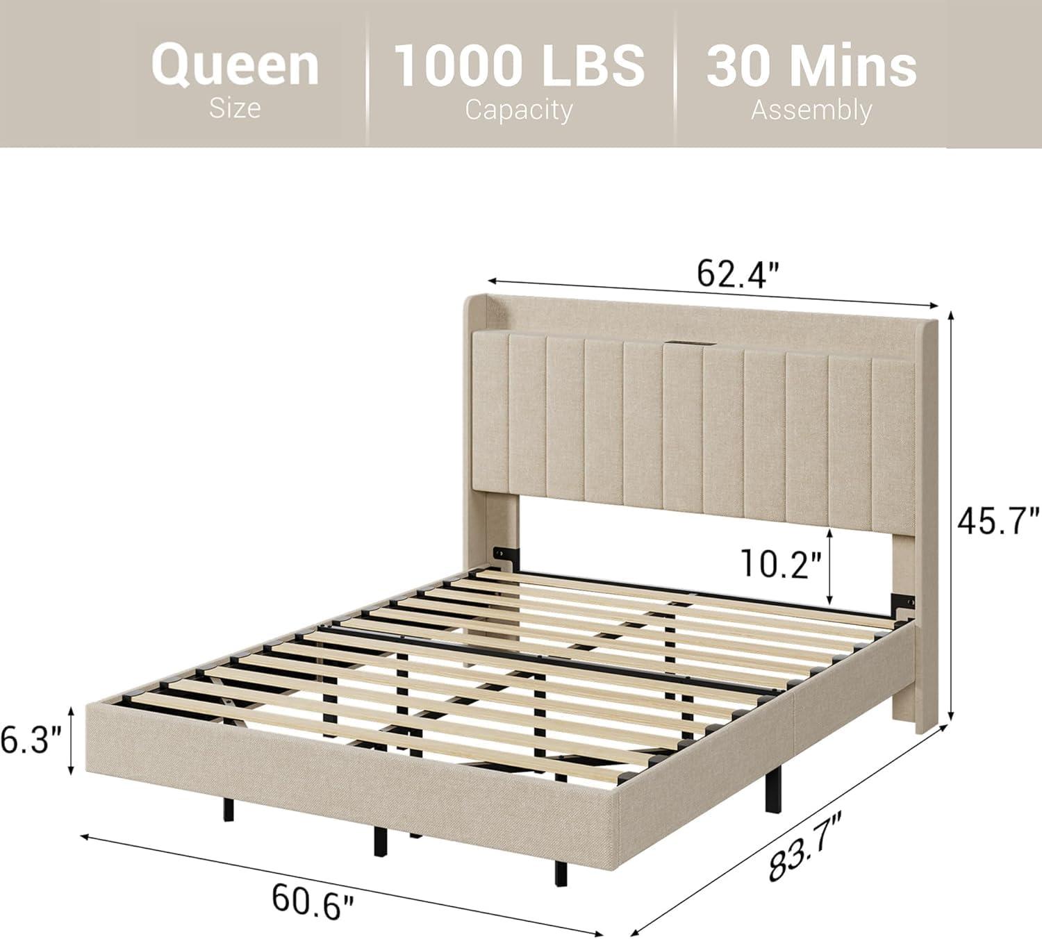 GarveeHome Queen Floating Bed Frame with Charging Station & Storage Headboard, Upholstered Platform Full Size Bed Frame with LED Lights, Solid Wood Slats, Beige