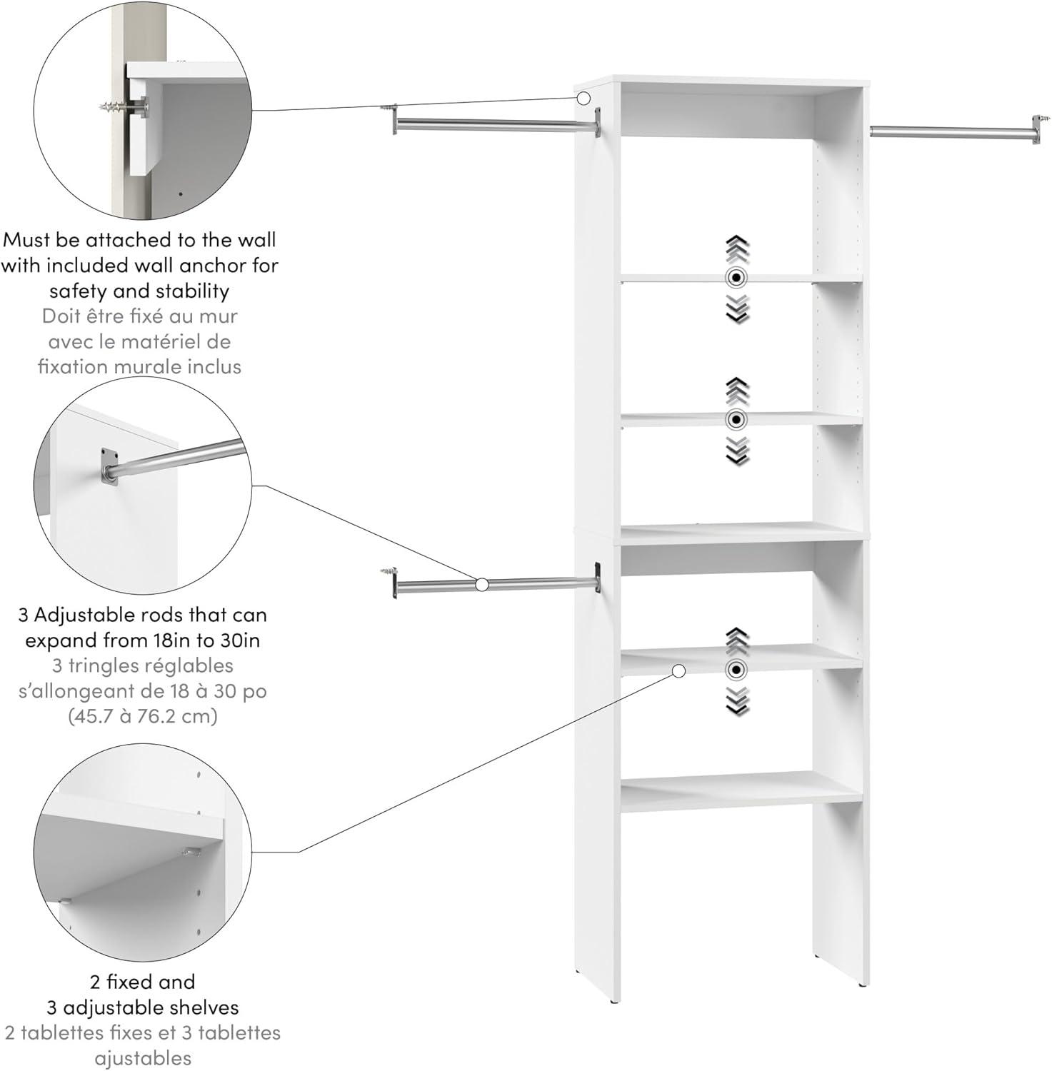 Bestar Carina 24W Closet Organizer With Clothing Rods, Drawers, And Cubbies