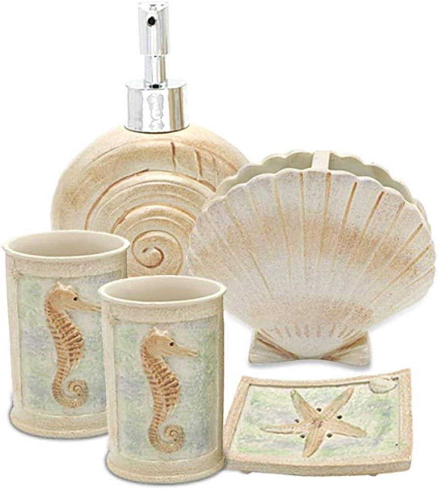 Rosecliff Heights Set, 5 PCS Beach Seashells Ensemble Set Includs Soap Dispenser, Soap Dish, Tumbler, Toothbrush Holder - Ivory Polyresin Set For Home, Office, Superior Hotel | Wayfair