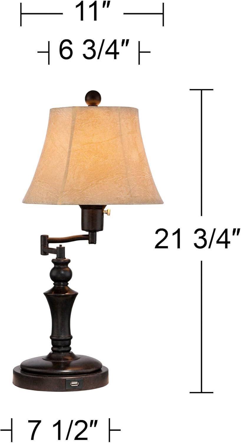 Regency Hill Traditional Desk Table Lamp Swing Arm with Hotel Style USB Charging Port 21.75" High Bronze Metal Faux Leather Bell Shade for Bedroom