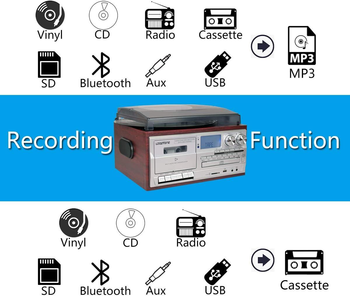 Record Player 9 in 1 3 Speed Bluetooth Vintage Turntable CD Cassette Vinyl Player AM/FM Radio USB/SD Encoding Aux-in RCA Line-Out (Silver)