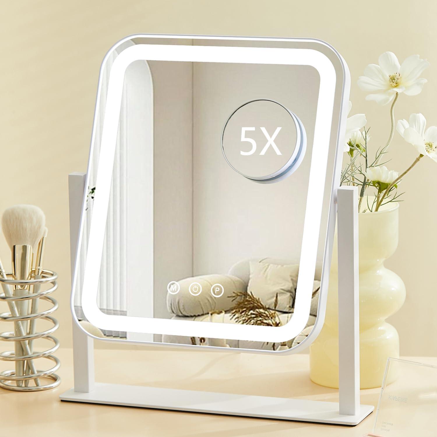 HIEEY Lighted Makeup Mirror, Hollywood Vanity Mirror with Lights, Three Color Lighting Modes, and 5X Magnification Mirror, Smart Touch Control, 360°Rotation (14.1in,White,Gift Box)