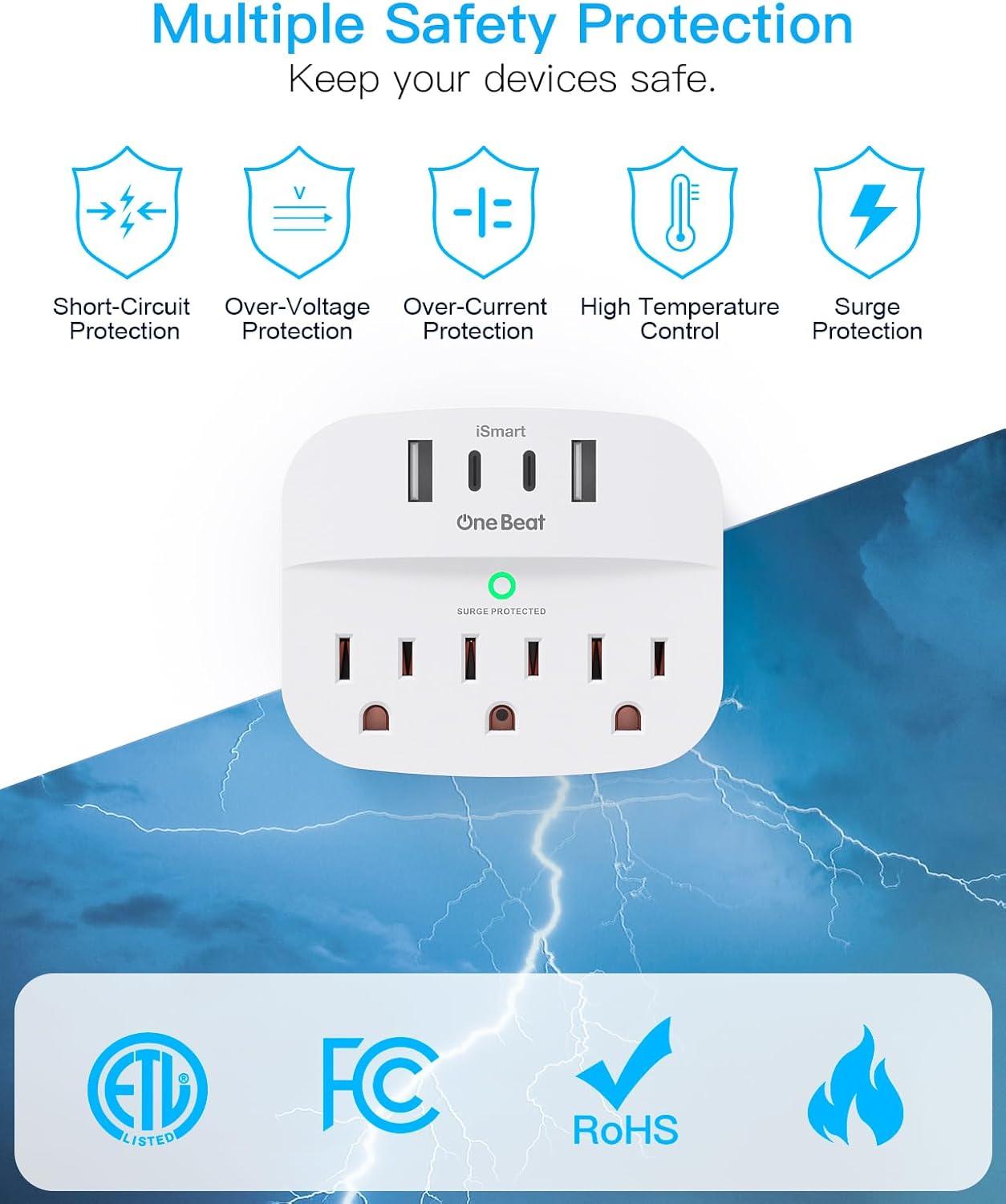 White Compact Surge Protector Wall Tap with USB Ports