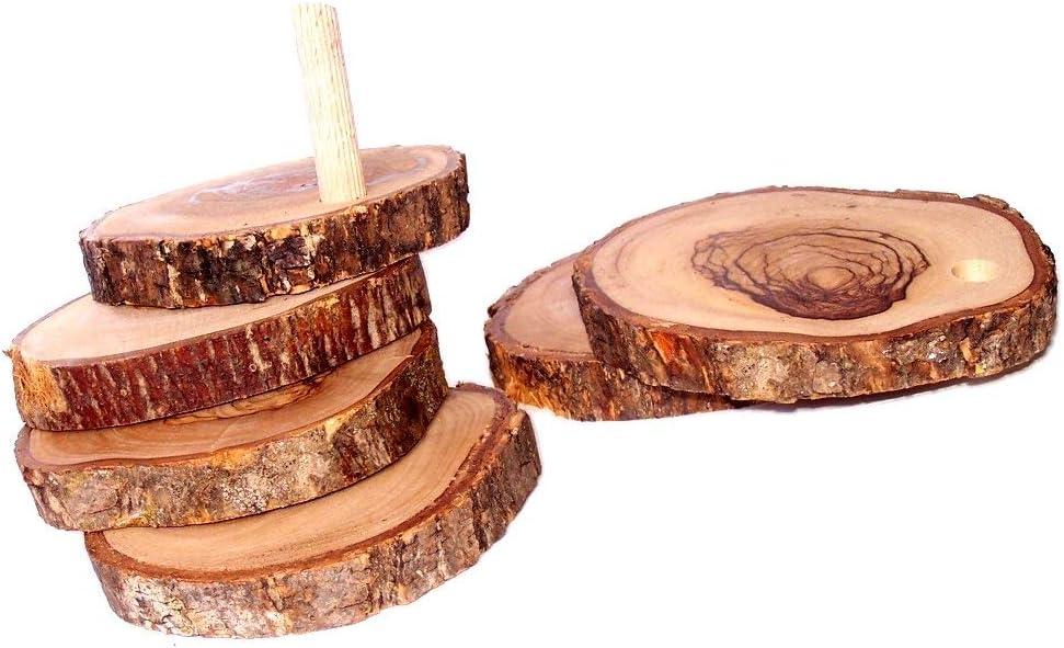 Hand Carved Olive Wood Natural Coaster Set of 5 plus base - Connected (about 3.5 Inches each) - Asfour Outlet Trademark
