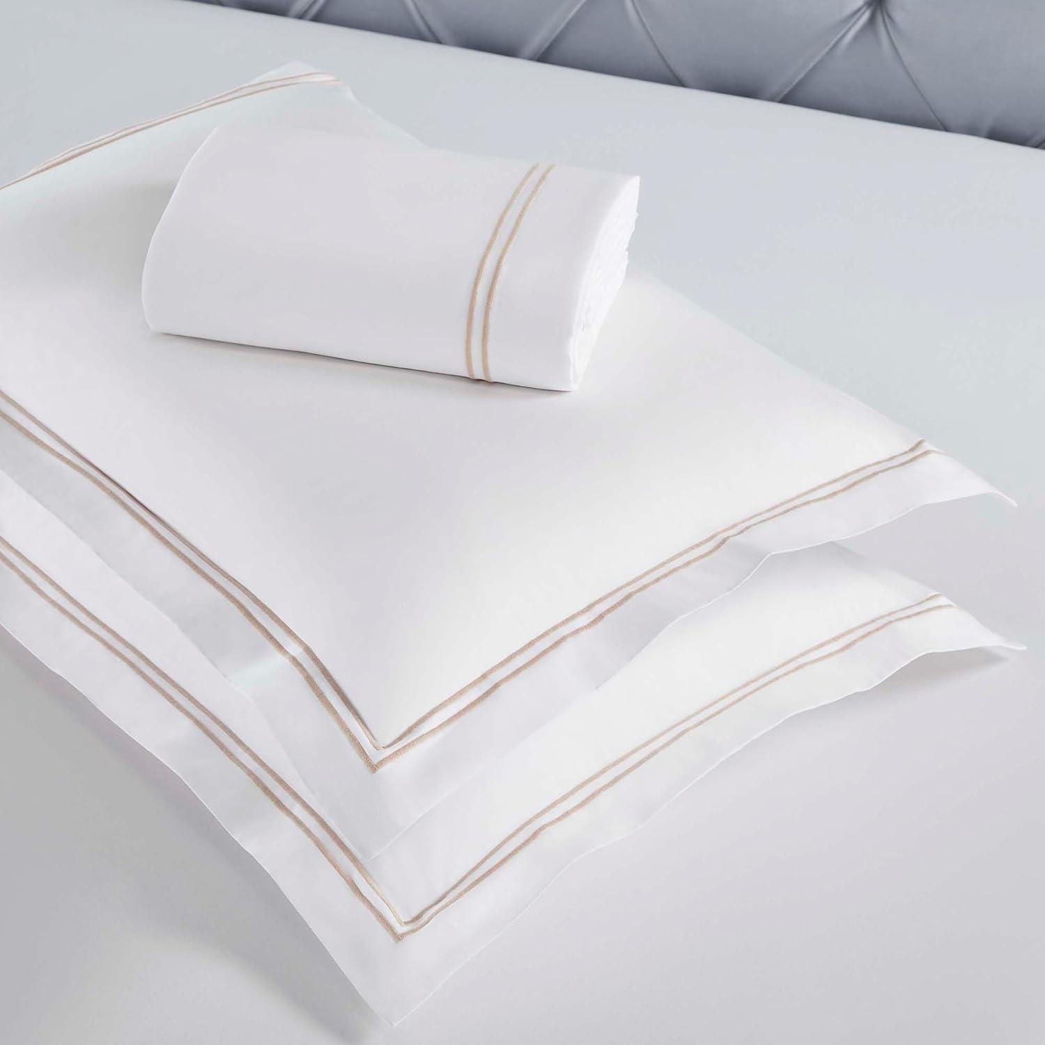 Full/Queen White and Taupe Cotton Embroidered Duvet Cover Set