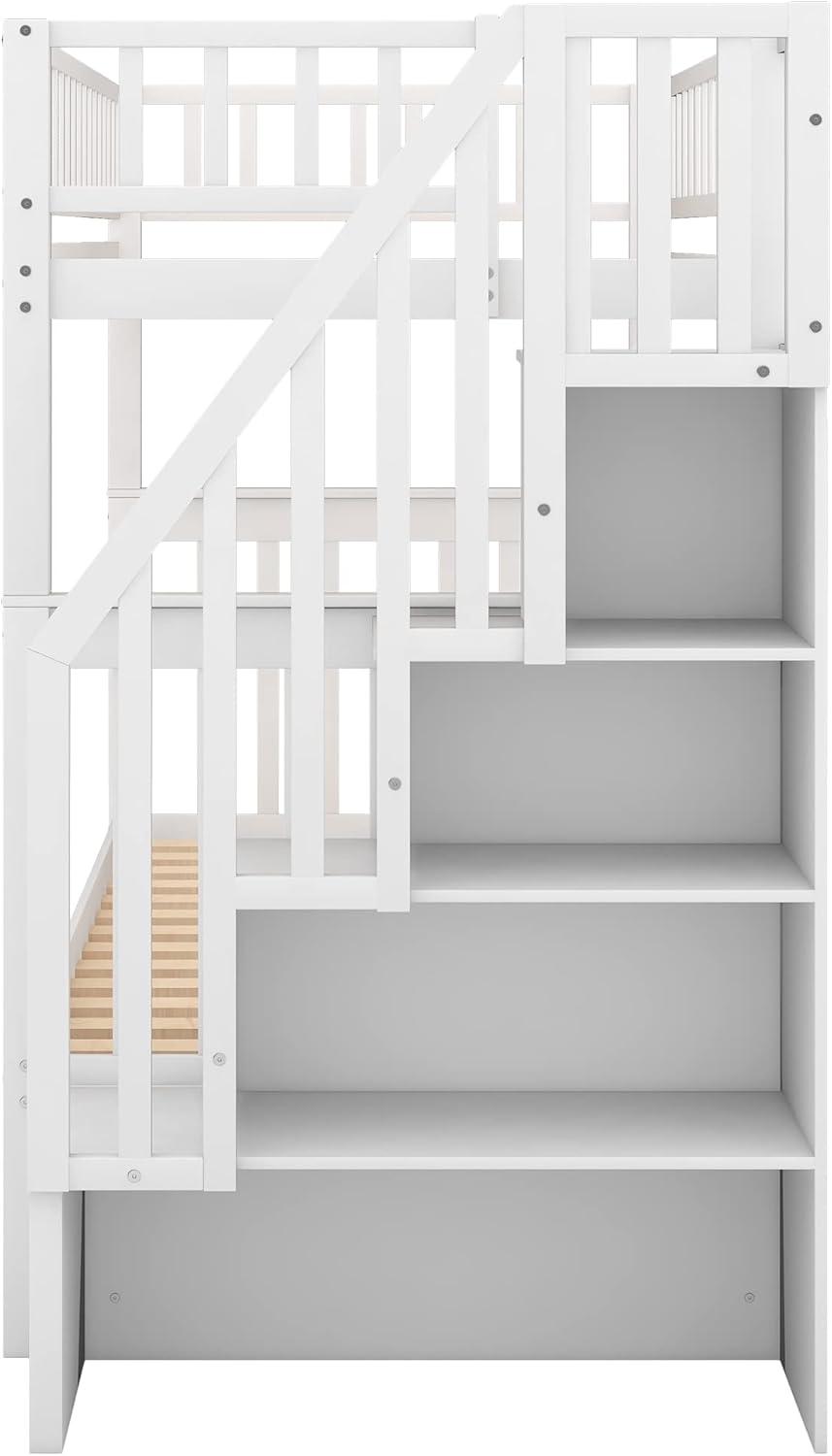 Harper & Bright Designs Solid Wood Bunk Bed Frame with Trundle, Twin Over Twin Loft Bed With Storage Stairways and Guardrails for Kids and Teens