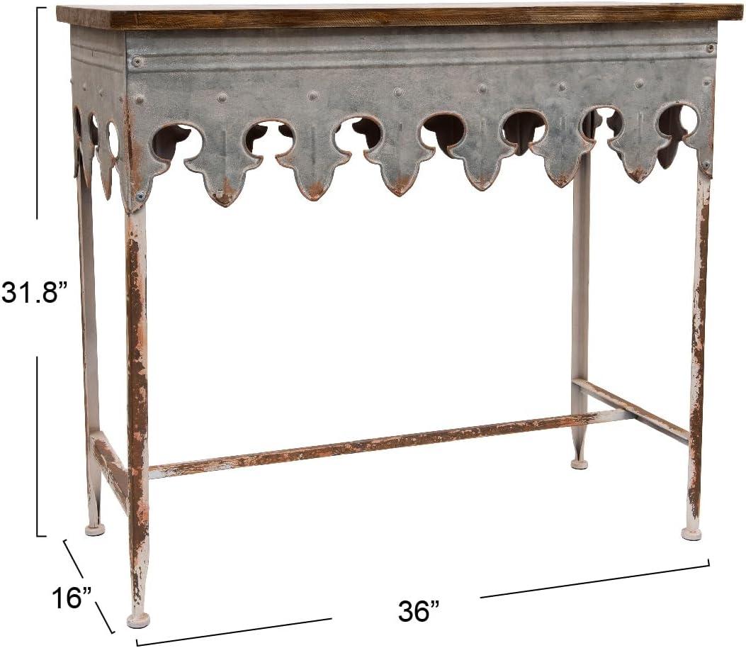Storied Home Scalloped Sofa Table Silver: Farmhouse Zinc-Finish, Fir Wood Top, 44 lbs Capacity