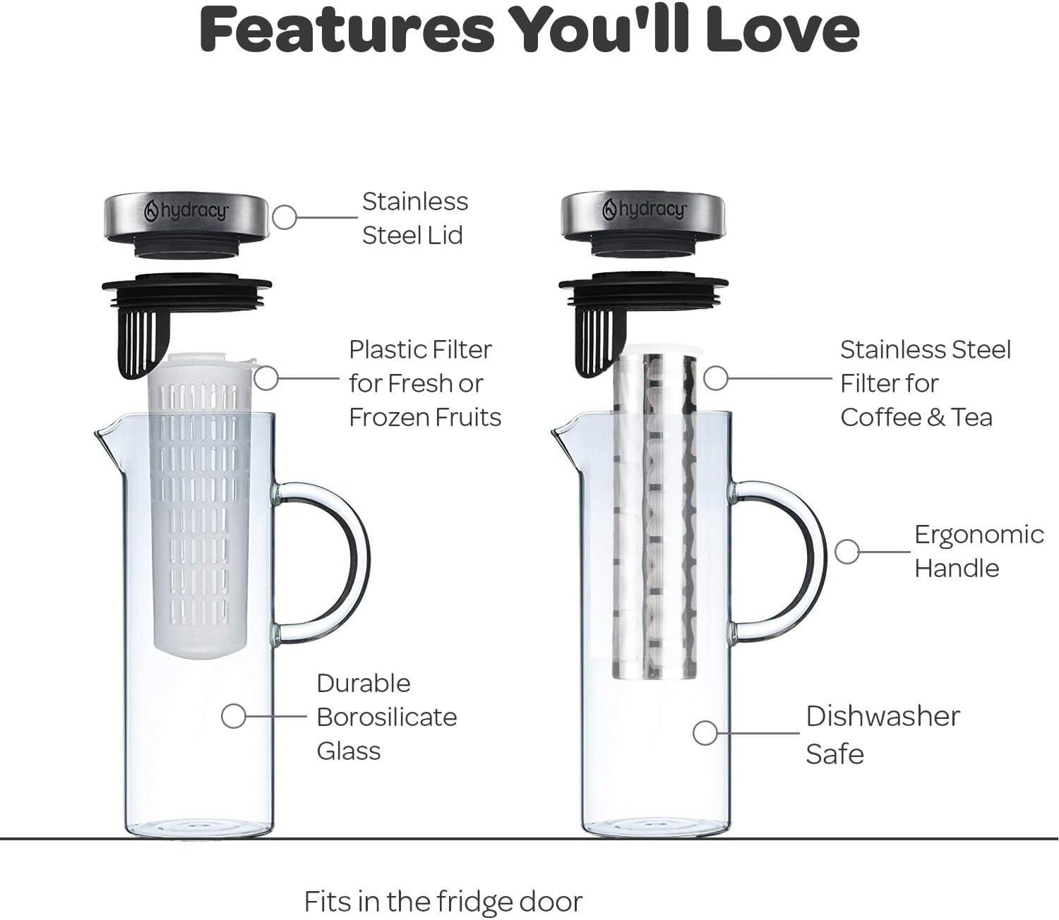 MODERN WALLS LLC B07WS8D4KF Cold Brew Coffee Maker - Large Glass Infusion Pitcher 1.6 Quarts 52Oz - Iced Coffee & Iced Tea Pitcher With Stainless Steel Lid & Fruit Infusion Tube - Perfect For Home Or Office