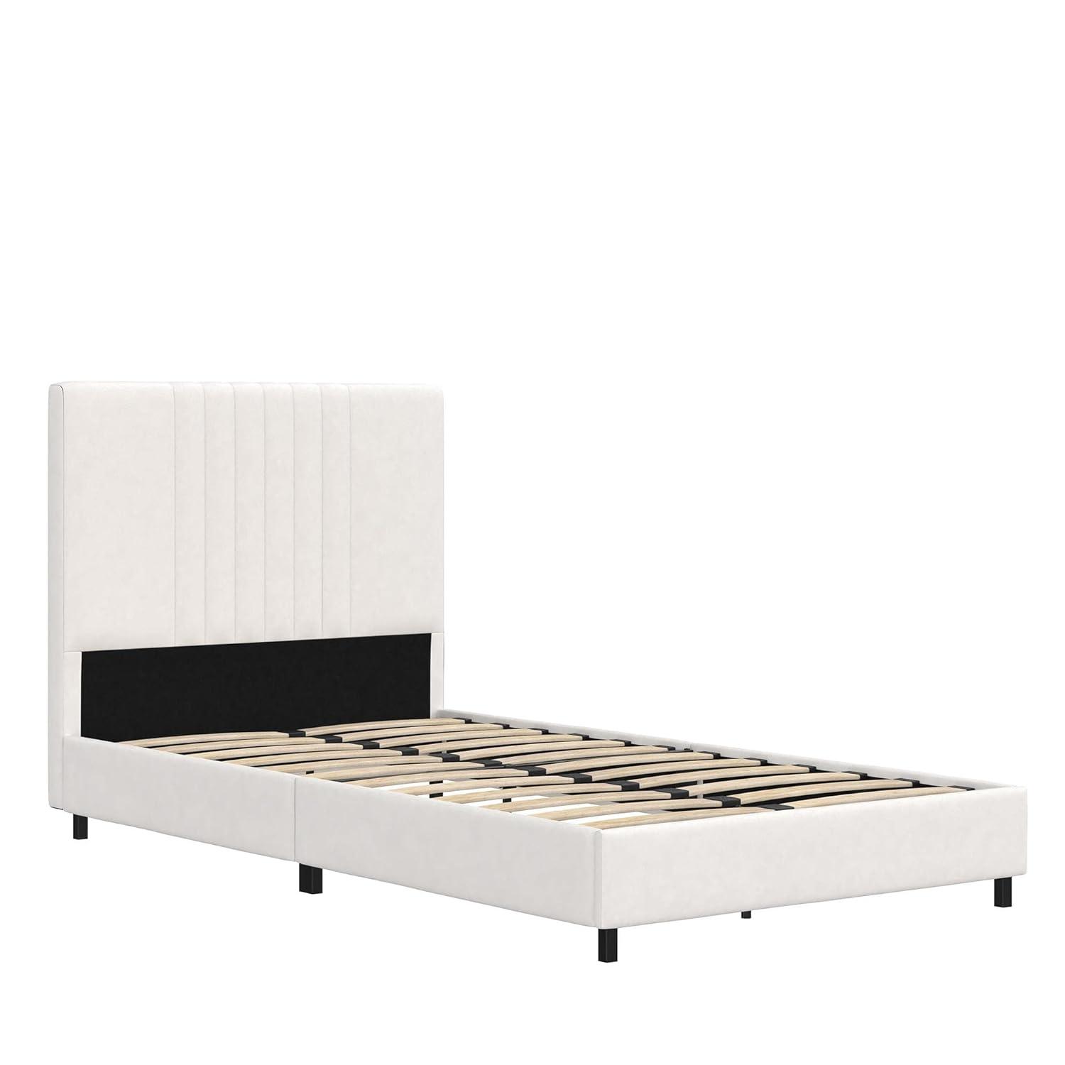RealRooms Rio Faux Leather Upholstered Platform Bed with Tufted Headboard, Twin, White