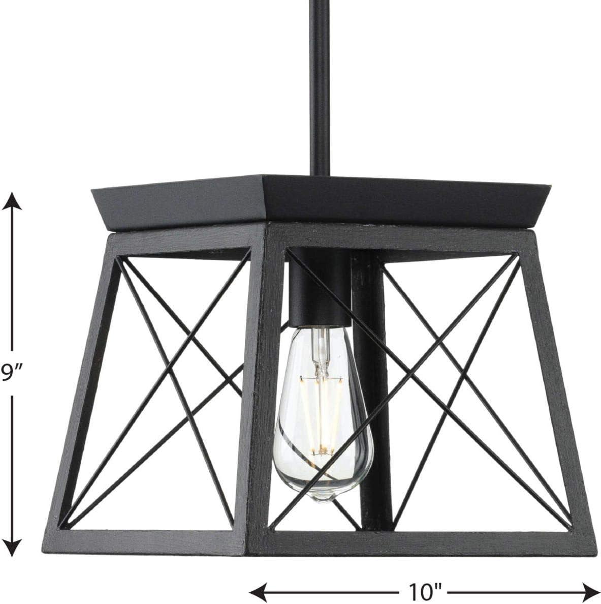 Progress Lighting Briarwood 1-Light Mini-Pendant, Steel, Textured Black, Faux-Painted Wood Enclosure