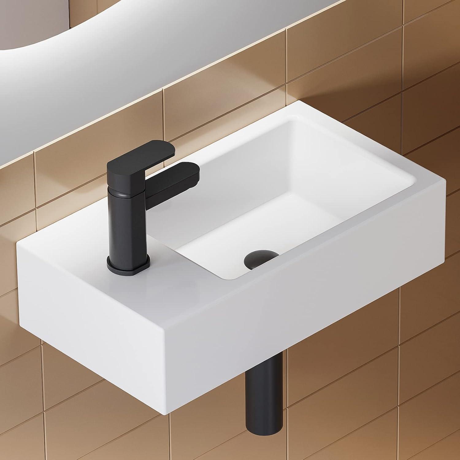 Compact White Ceramic Wall-Mount Bathroom Sink with Left Faucet