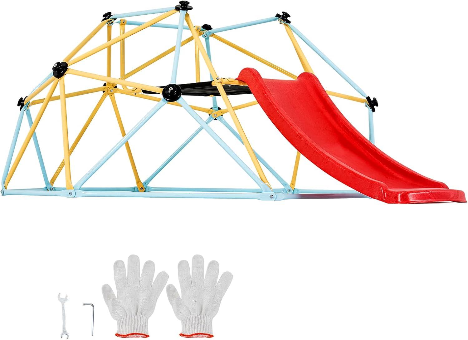 8FT Geometric Dome Climber with Red Slide and Steel Frame