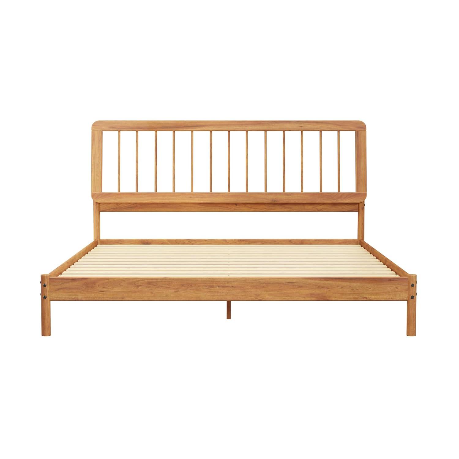 Walker Edison Mid-Century Modern Slatted Solid Wood King Bedframe, Caramel