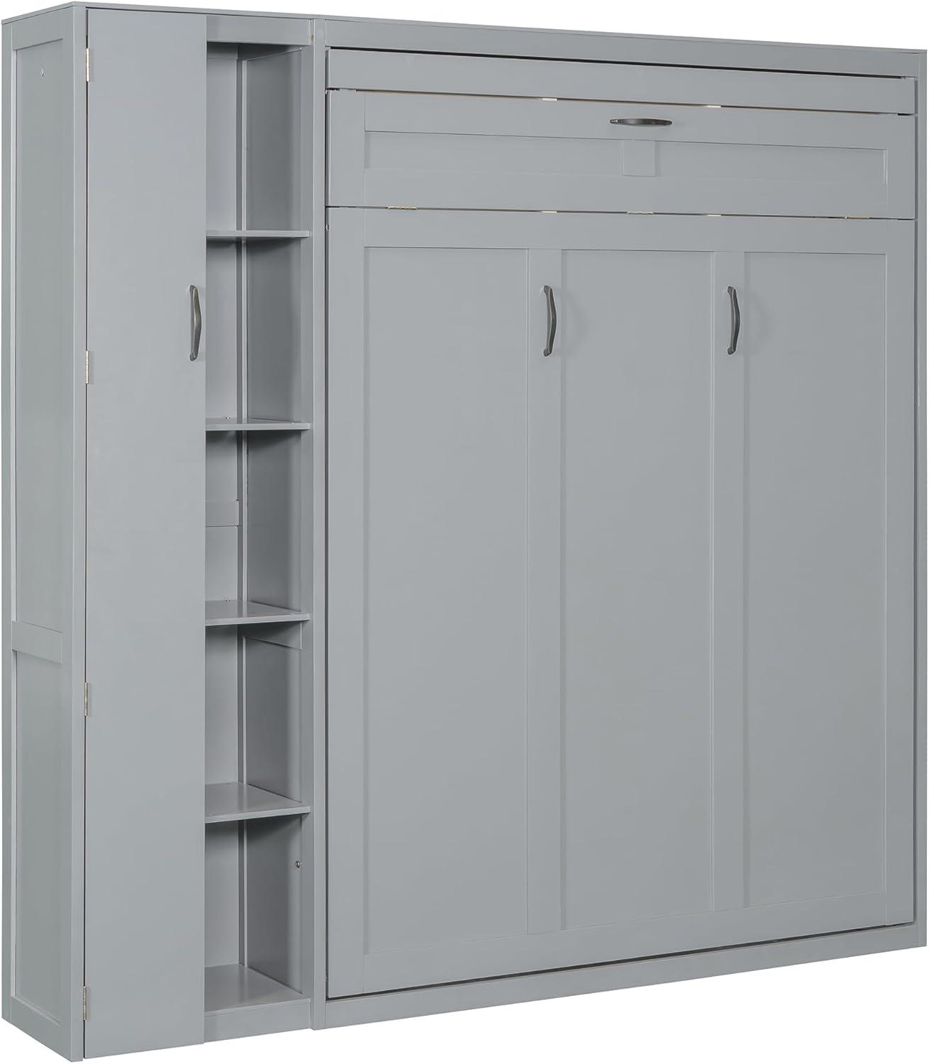 P PURLOVE Murphy Bed Full, Wood Wall Bed with Shelves, Wardrobe and LED Lights, No Box Spring Needed (Gray)