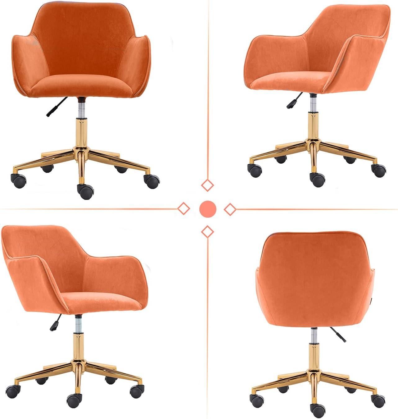 Modern 360°Swivel Velvet Office Chair, Mid-Back Desk Chairs with Wheels, Adjustable Home Office Chair with Side Arms, Gold Metal Base, Cute Desk Chair for Bedroom, Home Office, Vanity Room, Orange