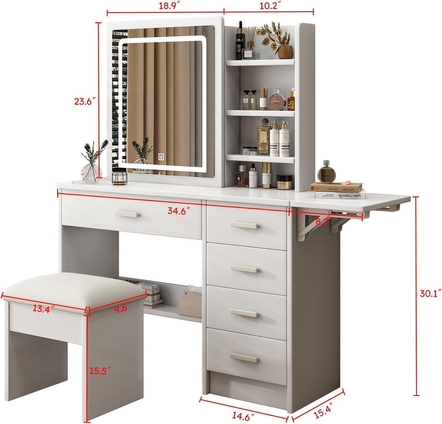 Vanity Desk with Mirror and Lights, White Makeup Vanity Chair Set with Fold-up Panel, Dressing Table with 5 Drawers and Shelves, 3 Lighting Modes, Brightness Adjustable
