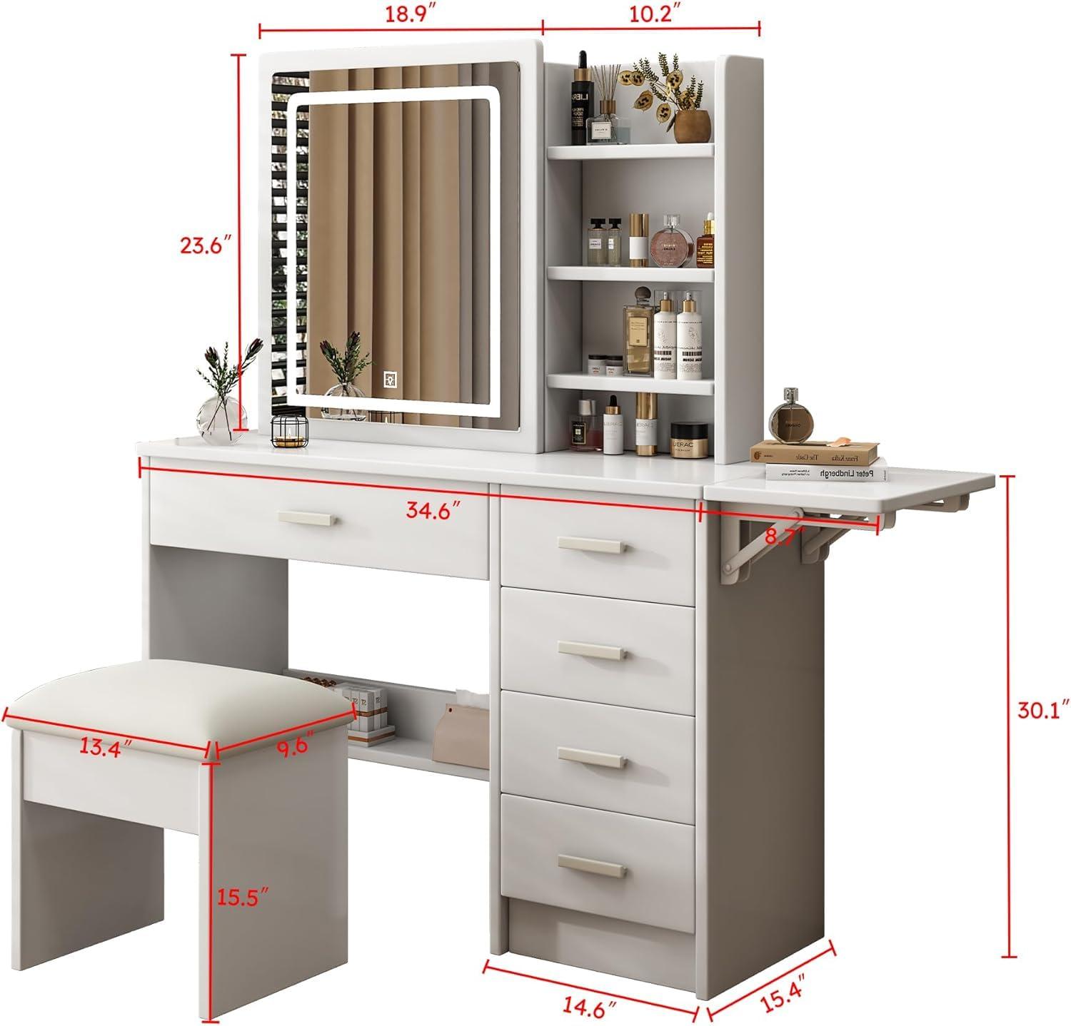Vanity Desk with Mirror and Lights, White Makeup Vanity Chair Set with Fold-up Panel, Dressing Table with 5 Drawers and Shelves, 3 Lighting Modes, Brightness Adjustable