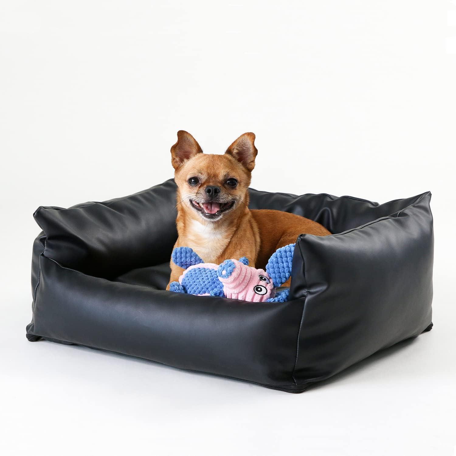 Small Black PU Leather Waterproof Orthopedic Dog Bed