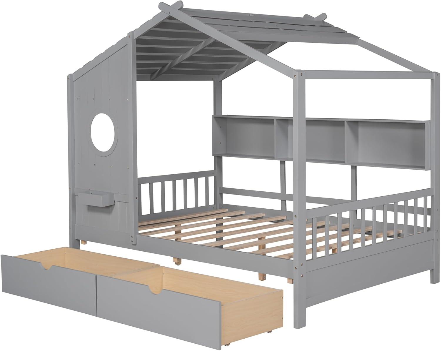 Harper & Bright Designs Wooden Full Size House Bed Frame with 2 Drawers for Boys Girls Kids Toddler,Kids Bed with Storage Shelf, White