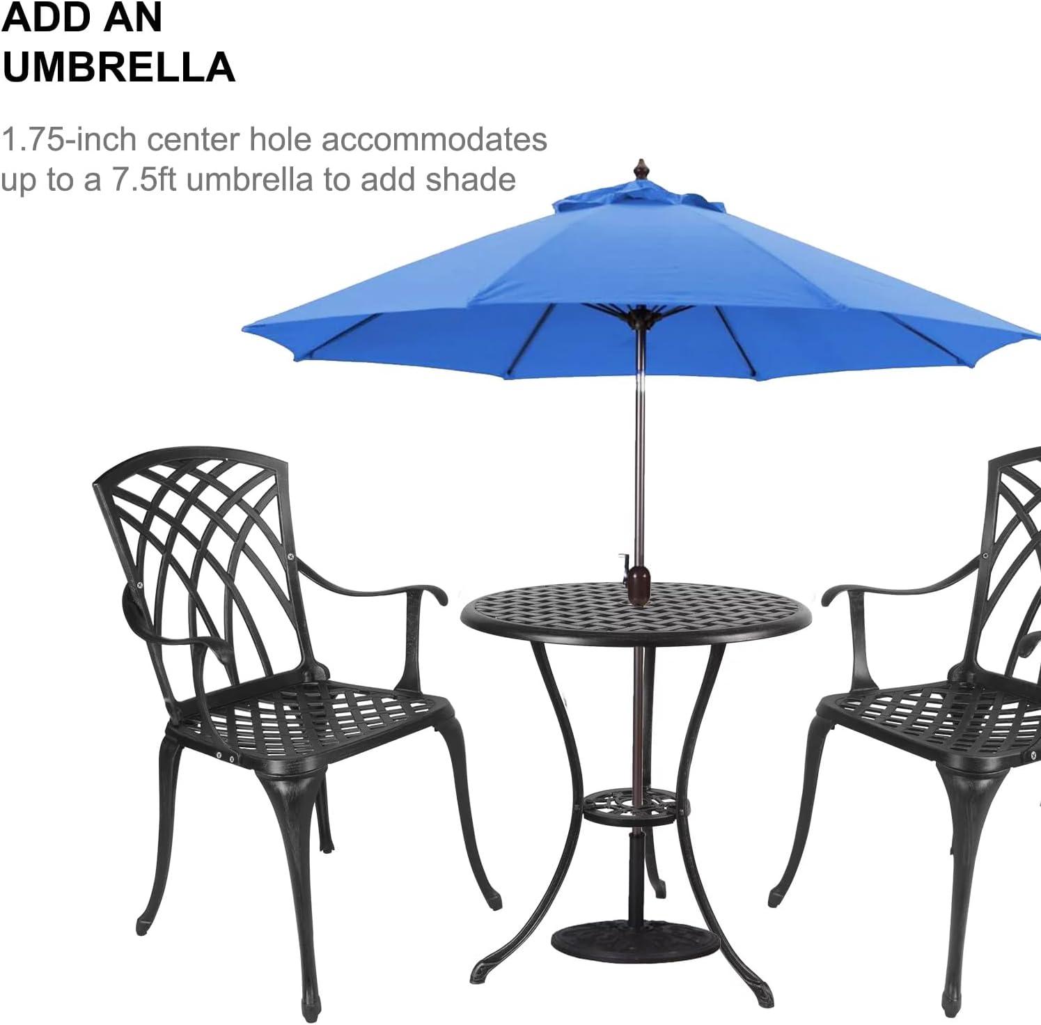 Polar Aurora 3 Piece Cast Aluminum Patio Bistro Set Table Outdoor Round Dining Armchair with Umbrella Hole for Porch, Lawn, Garden, Backyard, Pool, Black