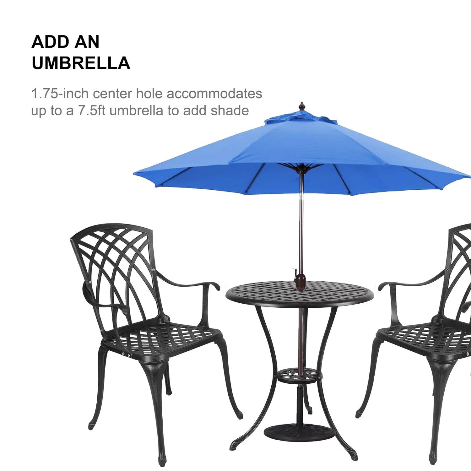 Polar Aurora 3 Piece Cast Aluminum Patio Bistro Set Table Outdoor Round Dining Armchair with Umbrella Hole for Porch, Lawn, Garden, Backyard, Pool, Black