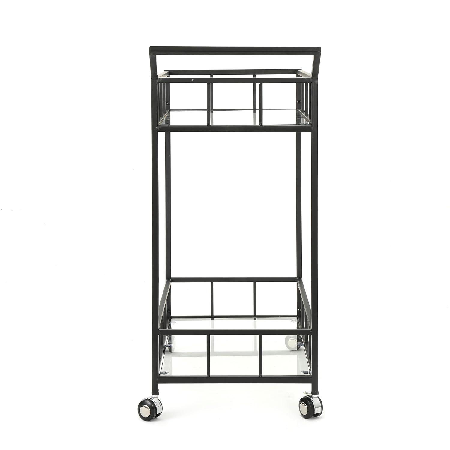 GDF Studio Talon Indoor/Outdoor Modern Iron 2 Tiered Bar Cart with Tempered Glass Top, Black