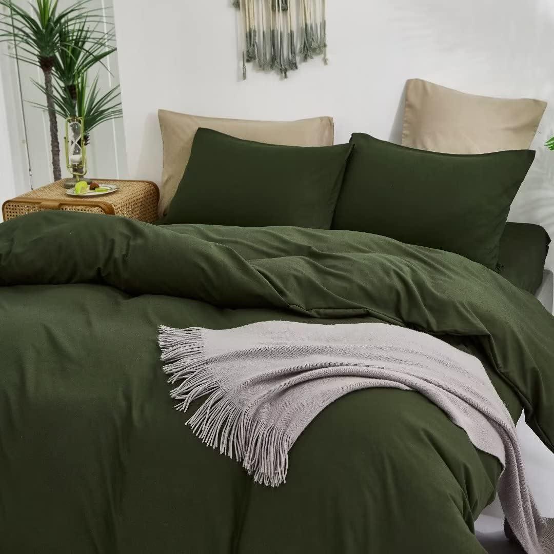 3 Piece 100% Washed Cotton Army Green Duvet Cover Set Luxury Soft and Breatheable Bedding Set with Zipper Closure,Queen Size