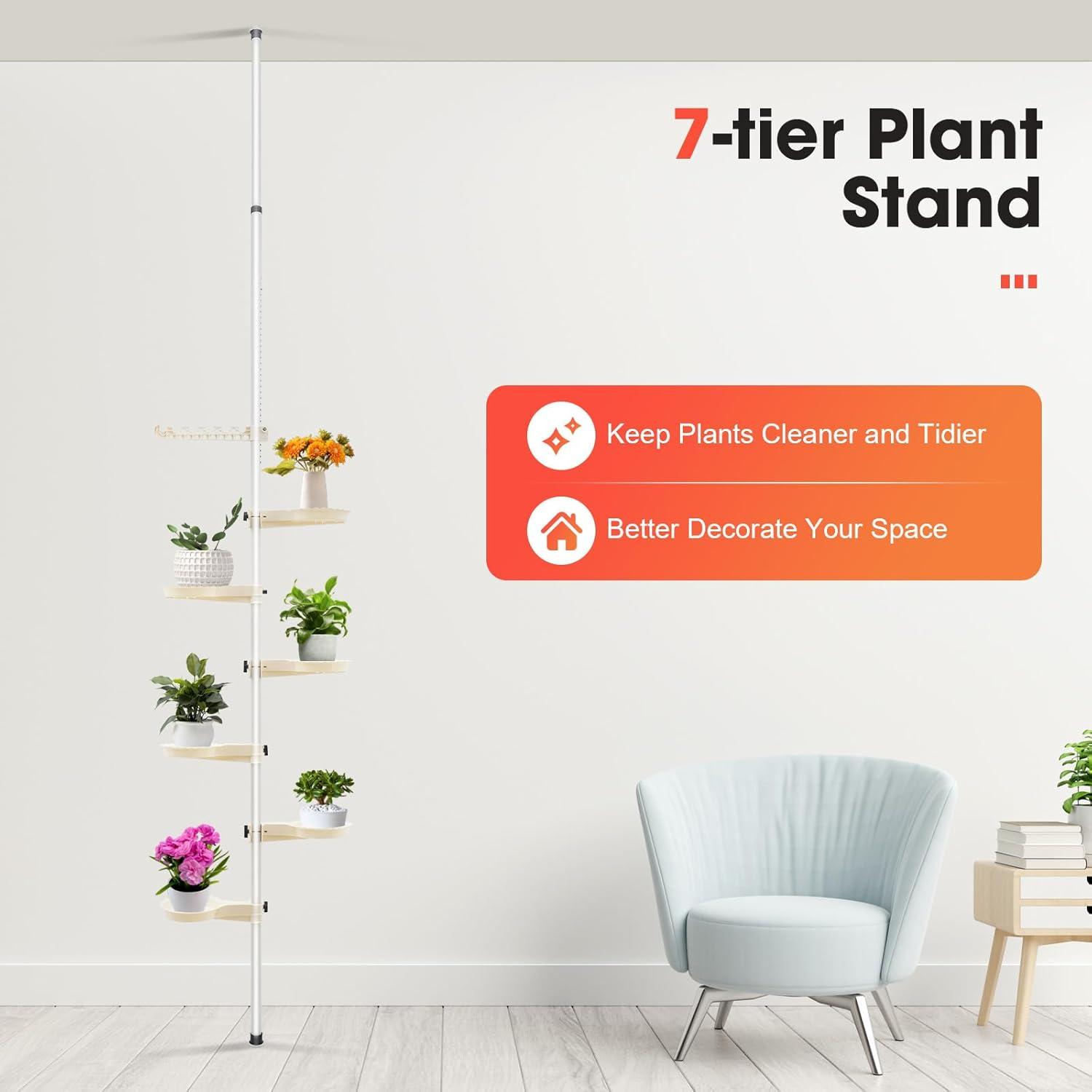 Adjustable Height 7 Layer Indoor Plant Stand, Spring Tension Pole Metal Free Stand Steel Tube Flower Display Rack, Space Saver Corner Floral Pot Hanger Shelf