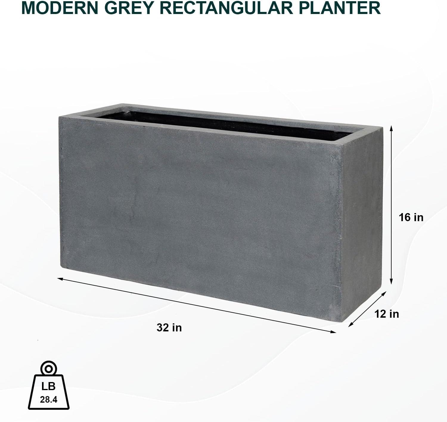 Pottery Pots USA Inc. Pottery Pots Jort S Fiberstone Indoor Outdoor Modern Glossy White Rectangle Planter, 16 Inch Tall Grey 16"x32"x12"