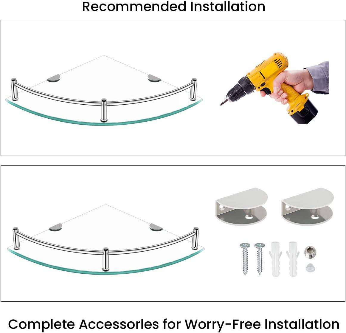 Tempered Glass Corner Shower Shelf with Stainless Steel Rail