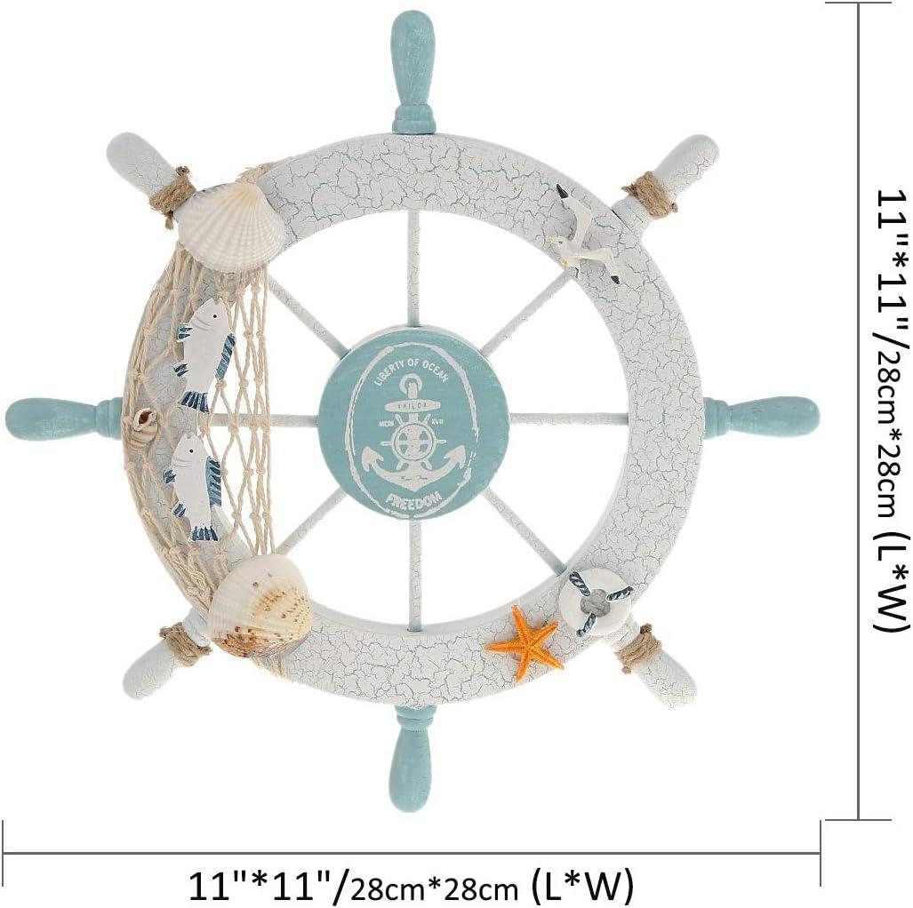 White and Blue Nautical Pine Wood Ship Wheel Decor