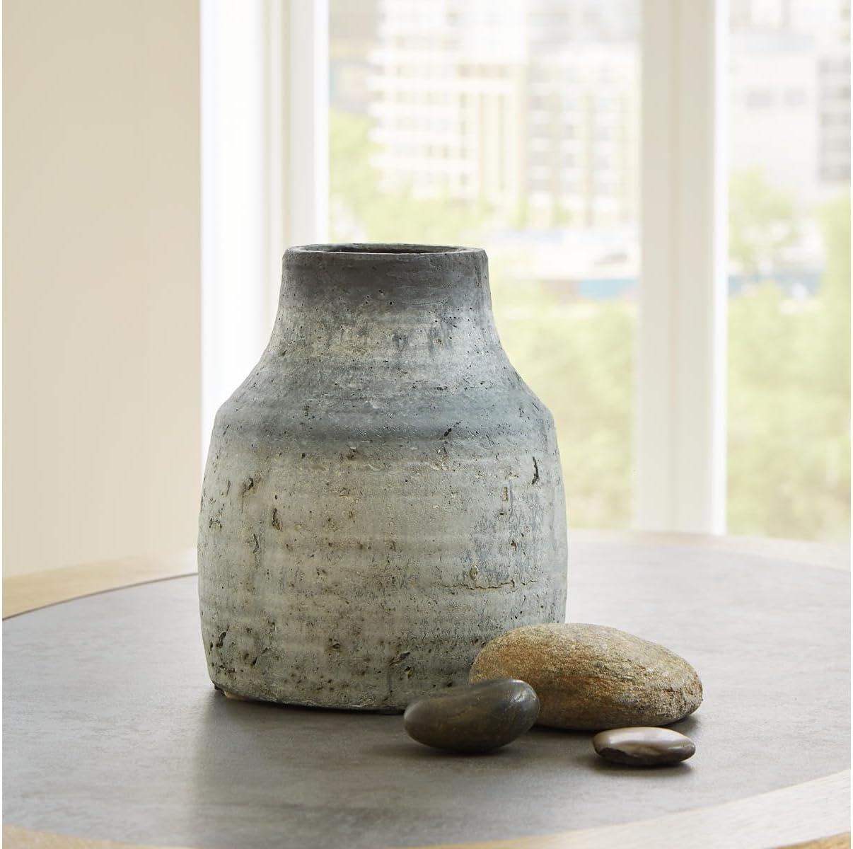 Signature Design by Ashley Moorestone Casual 10.5" Cement Tabletop Vase with a Distressed Finished Look, Gray & Black