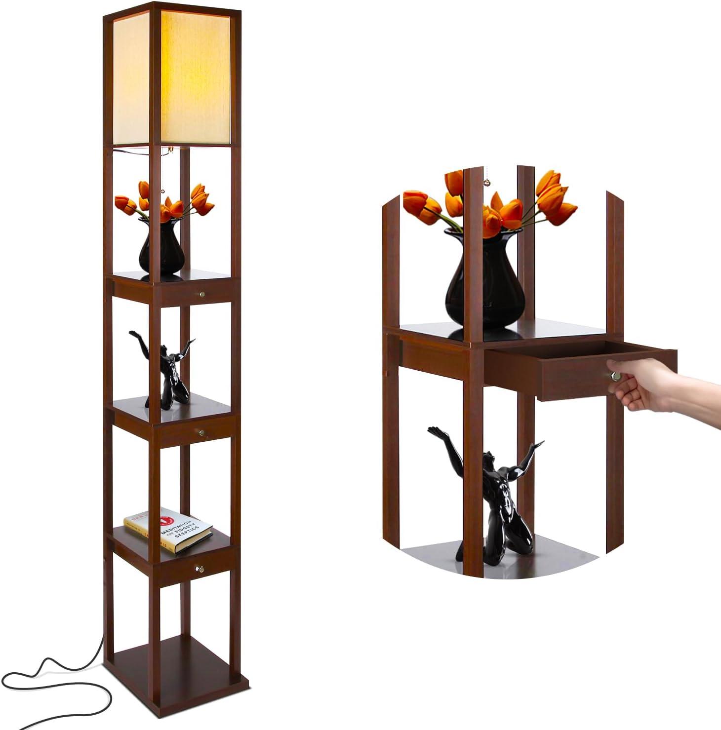 Maxwell 72 in. Havana Brown Traditional 1-Light LED Energy Efficient 3-Drawer Floor Lamp with Beige Fabric Square Shade