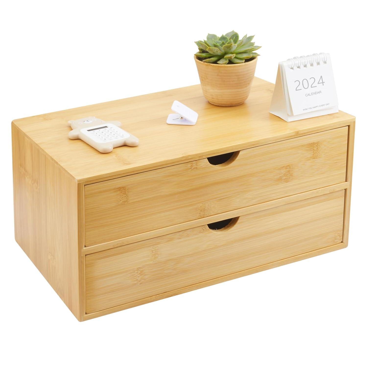 Bamboo Desk Organizer With Drawers Countertop Drawers 2 Drawers Counter Storage Box Corner Desk Organizer for Home Office No Assembly Required