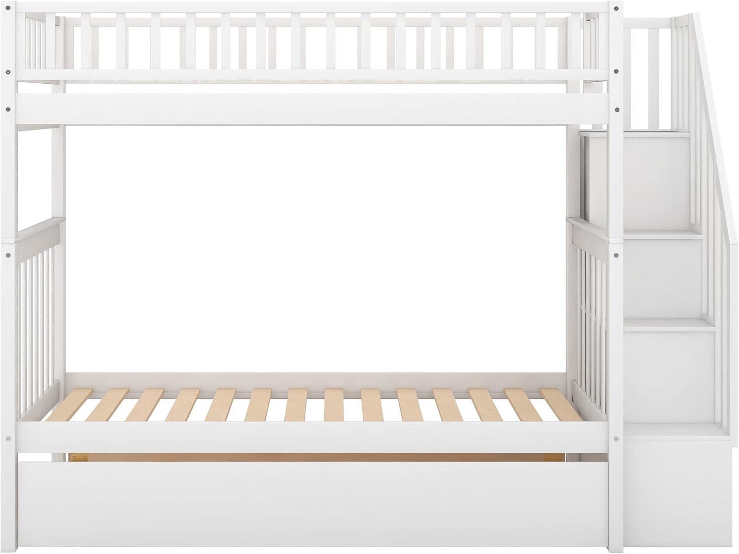 Harper & Bright Designs Solid Wood Bunk Bed Frame with Trundle, Twin Over Twin Loft Bed With Storage Stairways and Guardrails for Kids and Teens