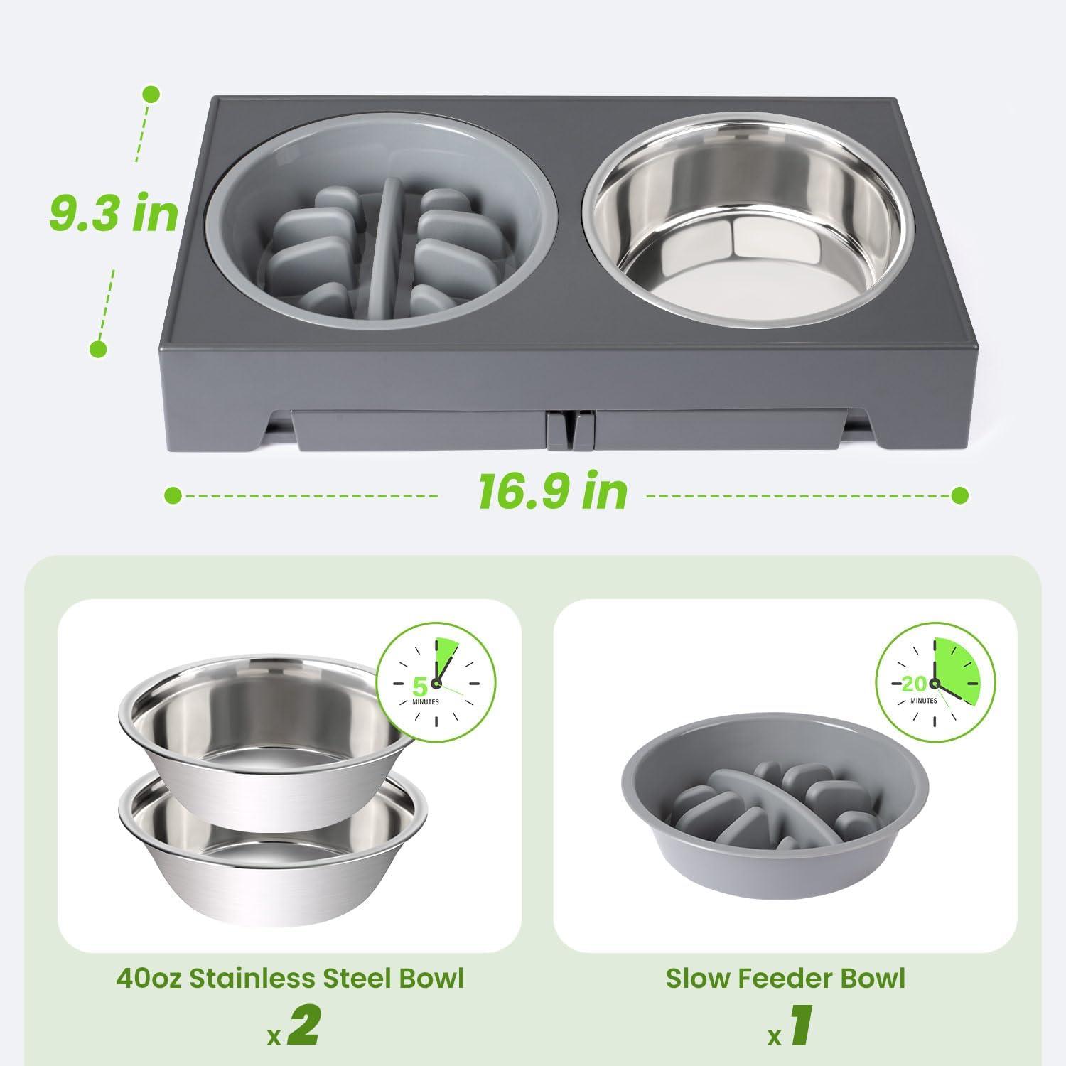 ZALALOVA Elevated Dog Bowls Stand with 2 Stainless Steel Dishes 1 Slow Feeder Dog Bowl, Raised Dog Bowl Adjusts to 5 Heights (3.15",8.9'',10",11.2'',12.4") for Medium and Large Dogs(Gray)