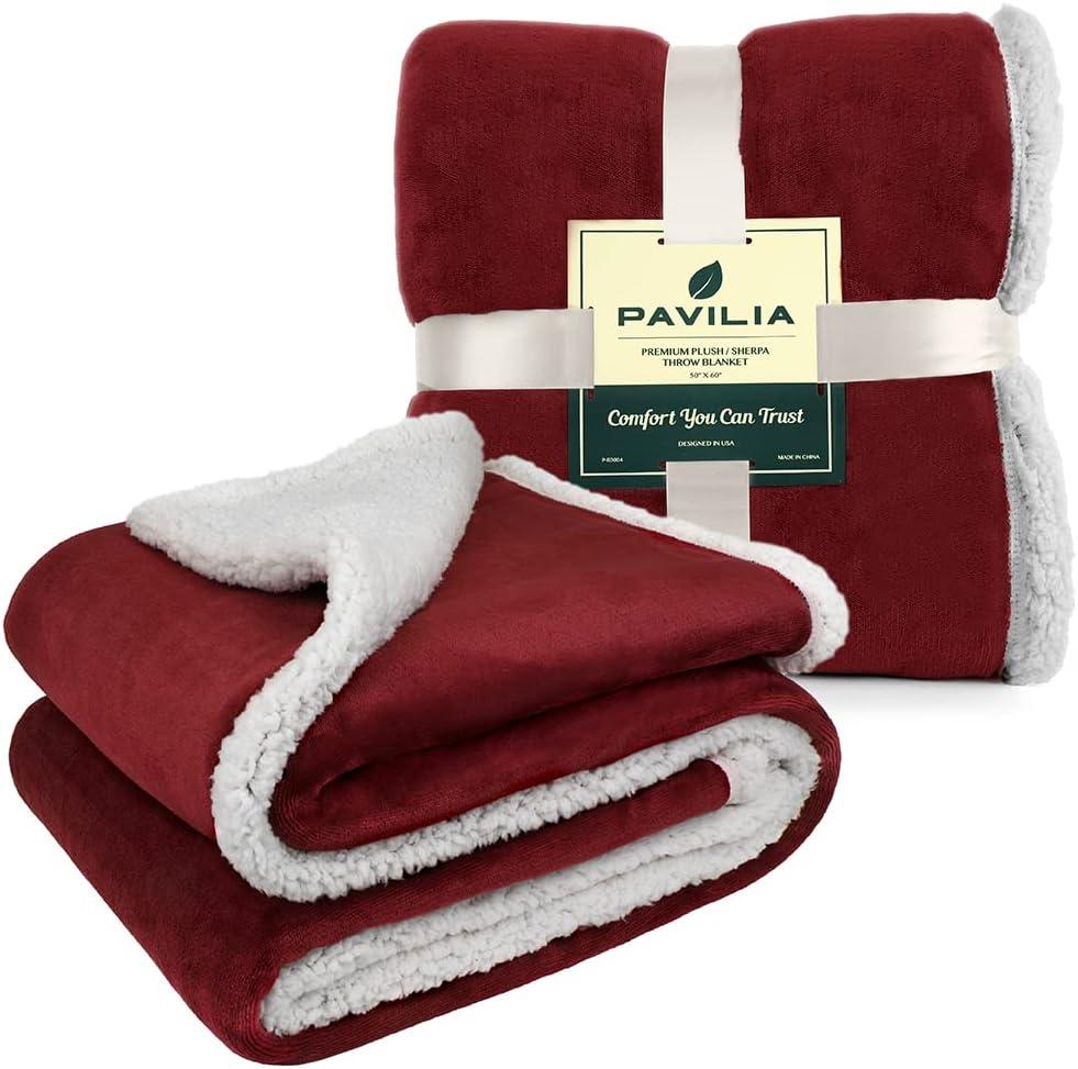 PAVILIA Plush Sherpa Fleece Throw Blanket Burgundy Red | Soft, Warm, Fuzzy Wine Maroon Throw for Couch Sofa | Solid Reversible Cozy Microfiber Fluffy Blanket, 50x60