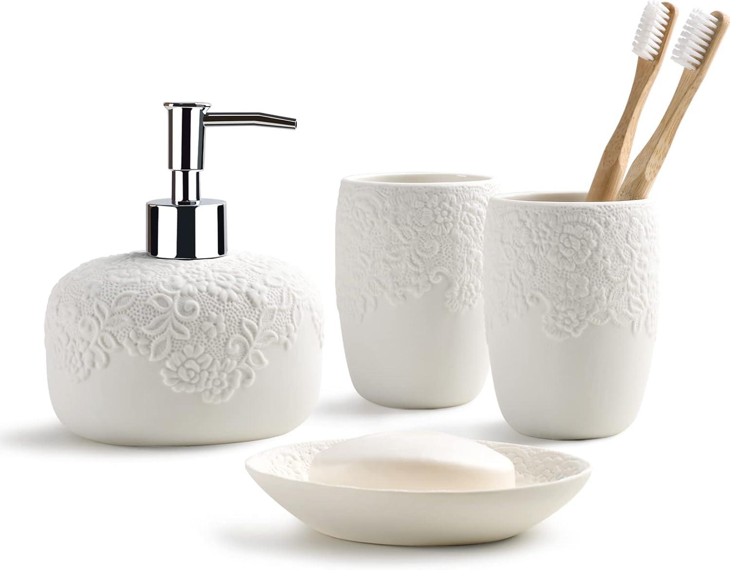 White Embossed Ceramic Bathroom Accessory Set, 4-Piece