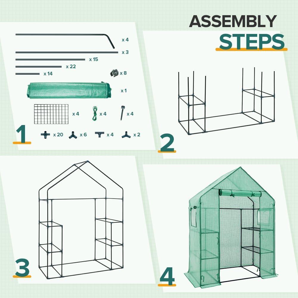 EAGLE PEAK 61'' x 28'' x 79'' Walk-in Greenhouse with 2 Tier 4 Shelves, Zipper Entry Door, and 2 Side Windows