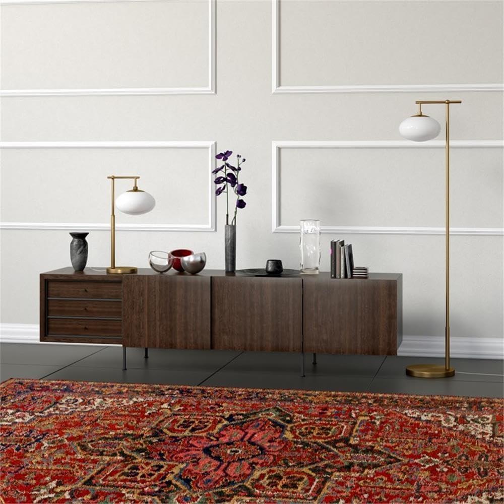 Evelyn&Zoe Blume 25" Tall Arc Table Lamp with Glass Shade in Brushed Brass/Seeded