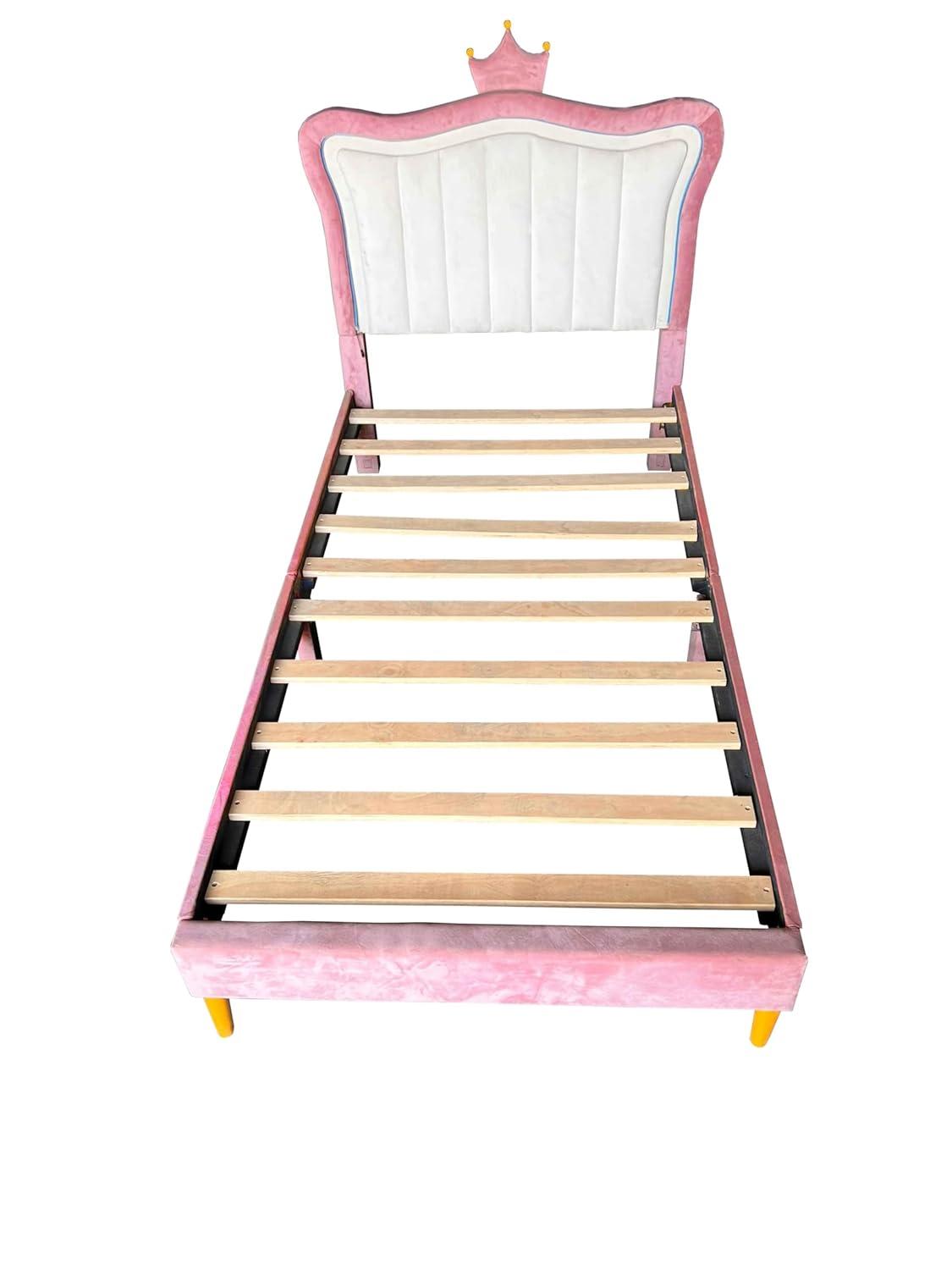 DreamBuck Full Size Upholstered Bed Frame with LED Lights, Upholstered Princess Bed with Crown Headboard and Wooden Slats Support, Modern Platform Bed for Kids, Teens, Girls, No Box Spring Needed