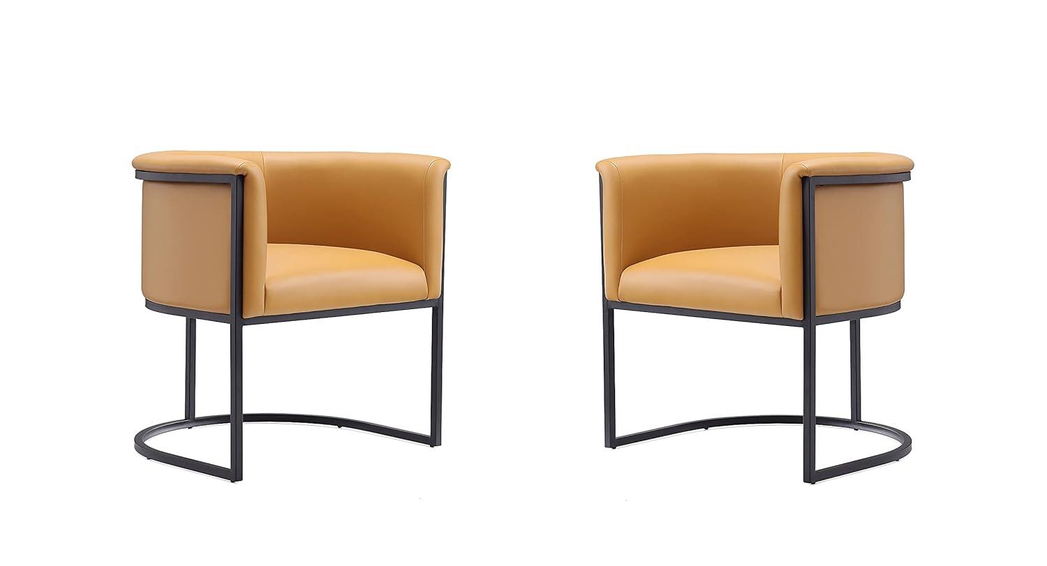 Manhattan Comfort Set of 2 Cosmopolitan Faux Leather Dining Chairs Saddle: Upholstered, Metal Frame, Armrests