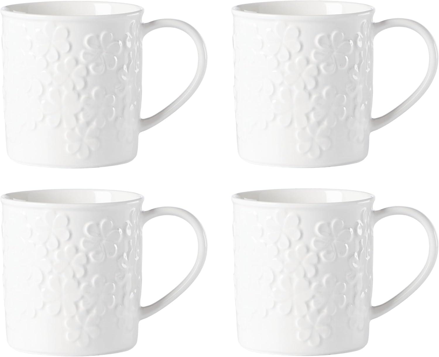 White Ceramic Embossed Floral Mug Set, 4-Piece