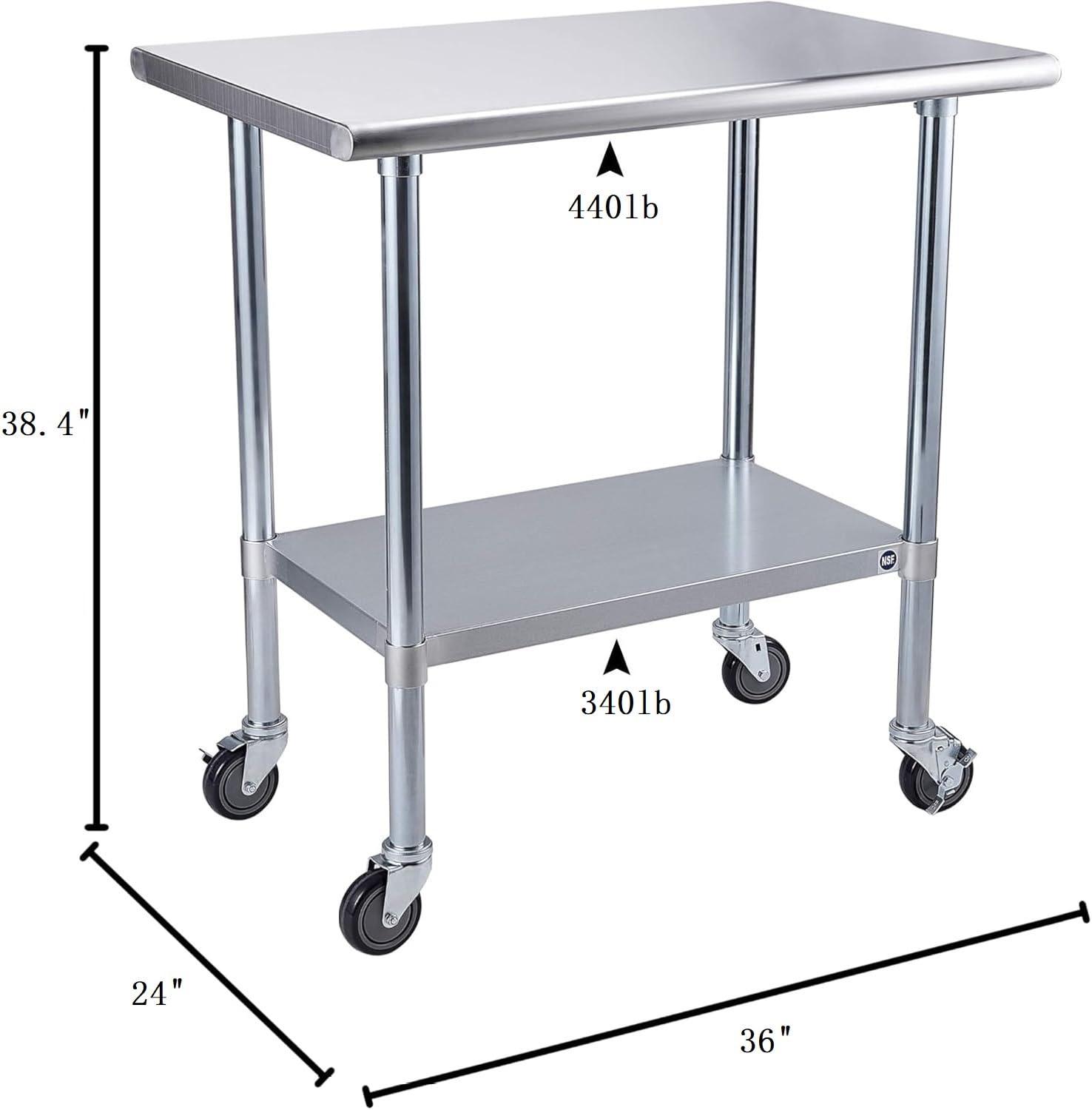 36"x24" Stainless Steel Kitchen Work Prep Table Commercial Workbench With Wheels