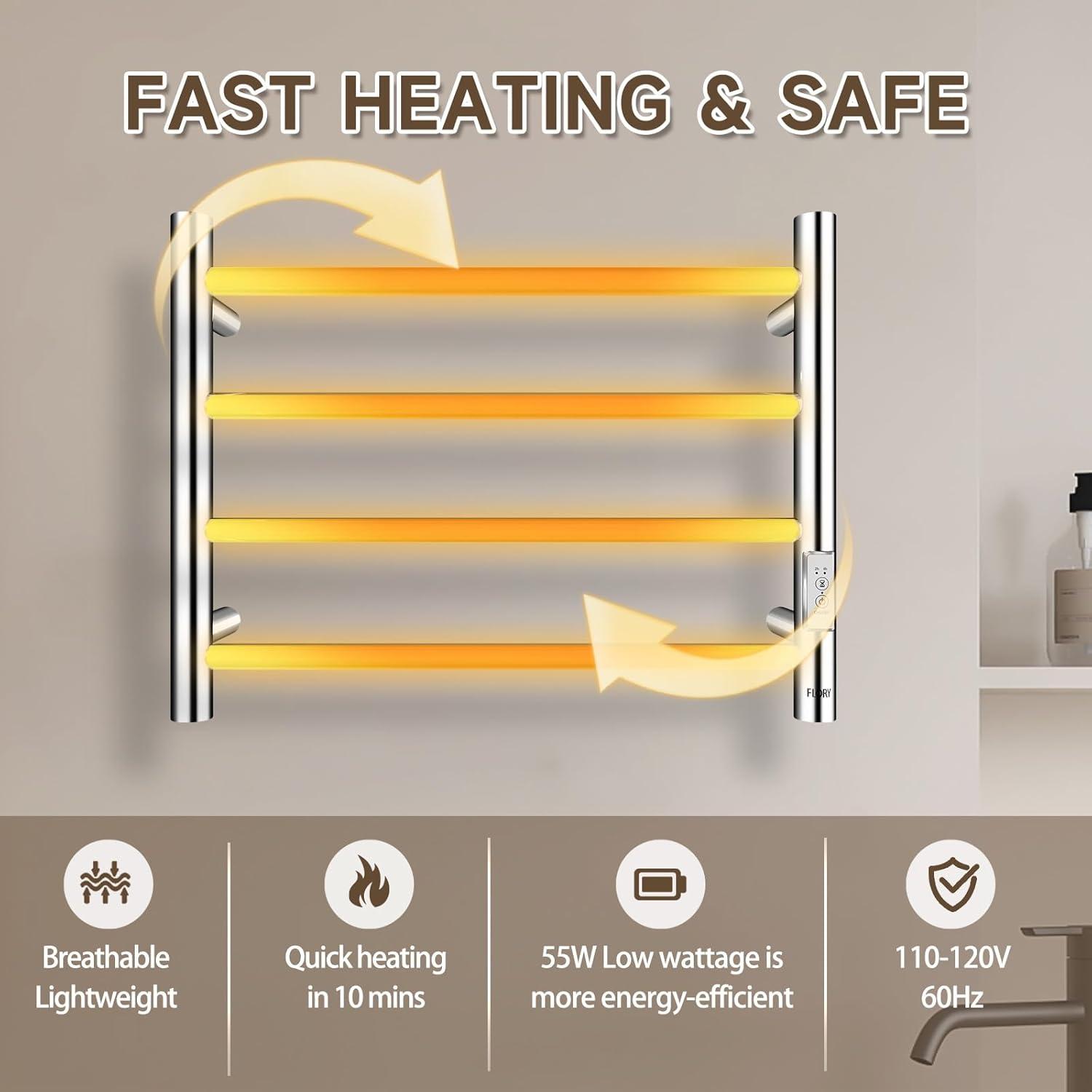 VEVOR 4 Bars Towel Warmer Rack, Wall Mounted Heated Towel Rack for Bathroom, IPX5 Waterpoof Towel Heater Rack with Timer & LED Display Screen, 5 Levels Adjustable Temperature Towel Heater, Silver