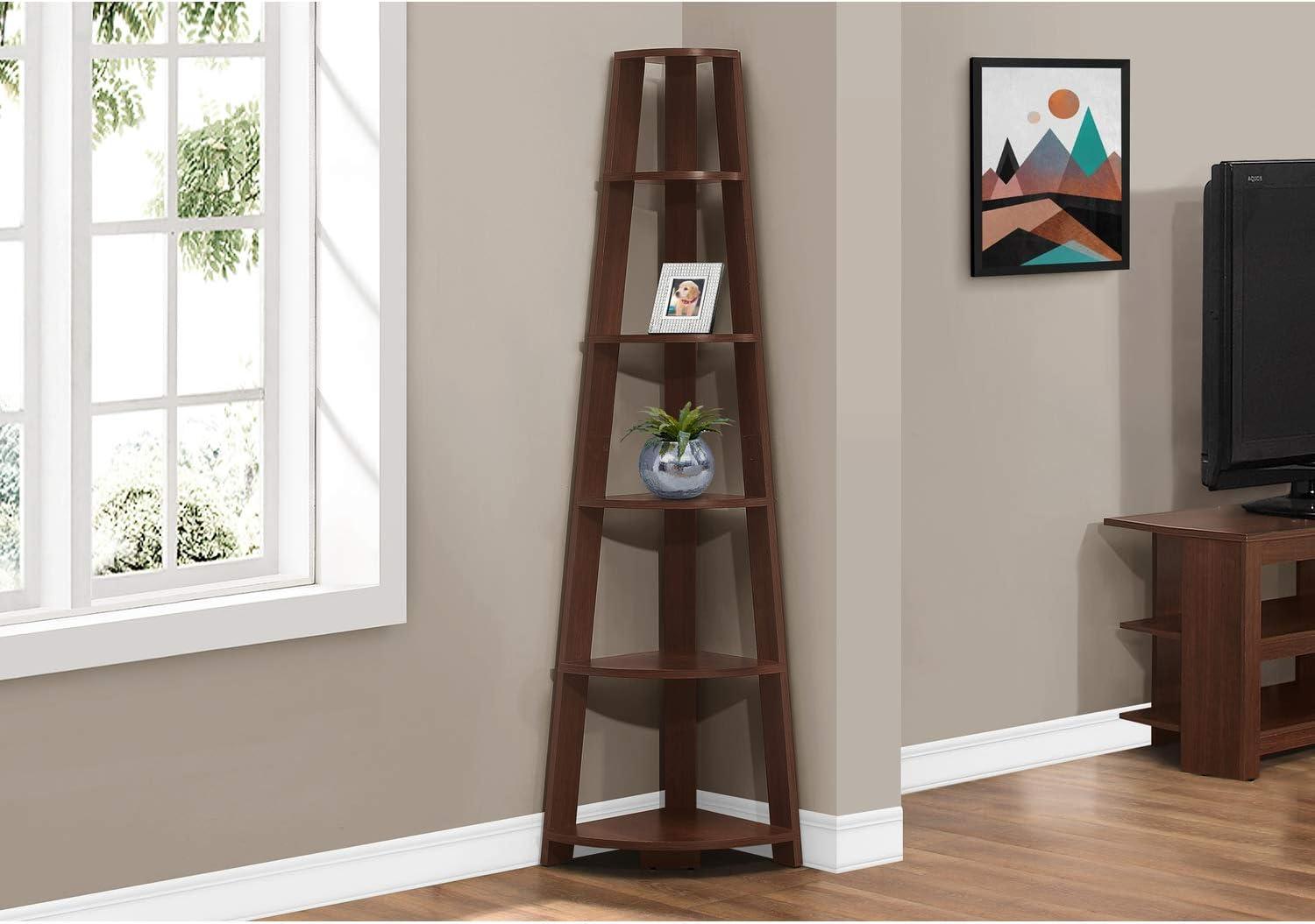 Monarch Specialties Bookshelf, Etagere, Corner, 5 Tier, 72"H, Office, Bedroom, Brown Laminate