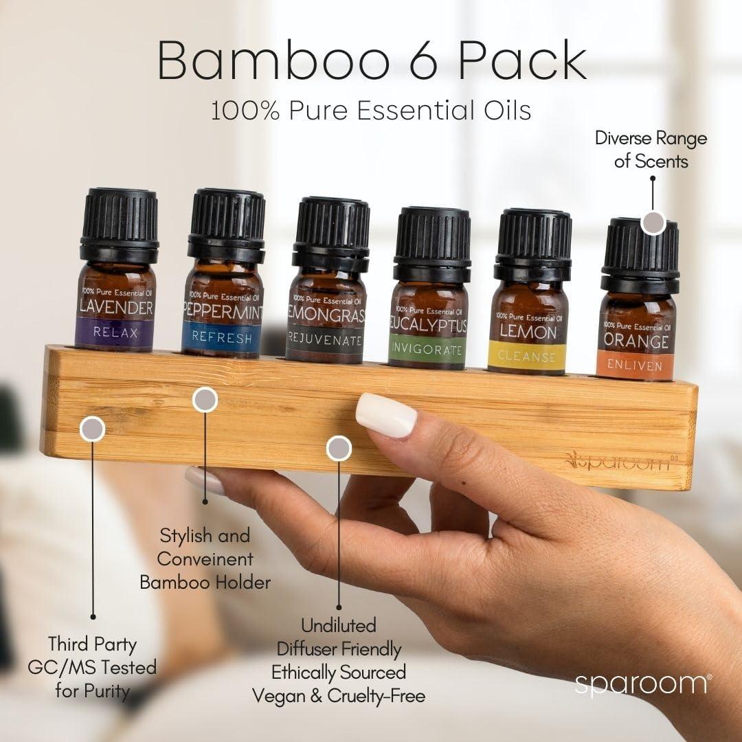 SpaRoom 100% Pure Essential Oils Set; Perfect for Aromatherapy, Diffusers, Humidifiers and Home Care, Spa Day Set of 6 with Bamboo Holder