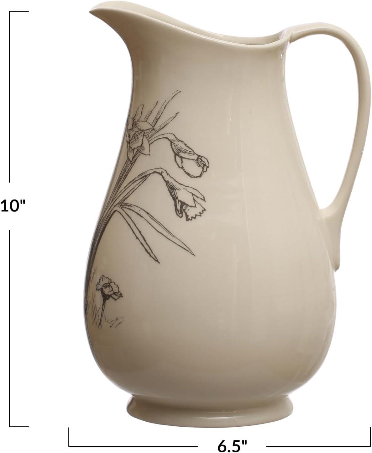 Creative Co-Op 6.5 Inches 2-Quart Stoneware Pitcher with Flower Design, White and Charcoal