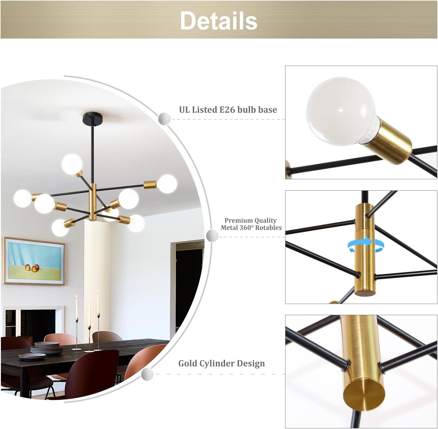 KAISITE Modern Sputnik Chandelier - 8-Light Ceiling Light Fixture Height Adjustable Mid Century Plating Finished Black and Gold Chandelier for Bedroom Living Room Dining Room Kitchen Foyer